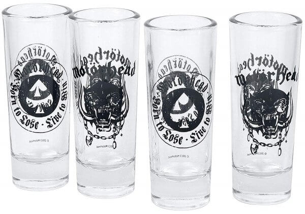 24 4 Motörhead Schnapsgläser - lizensierte Shotgläser - Lemmy - Shot Becher - Tequila Gläser - Schnaps Becher - Stamperl - Pinneken - Pinnchen - Schott Glas - Gläser Set