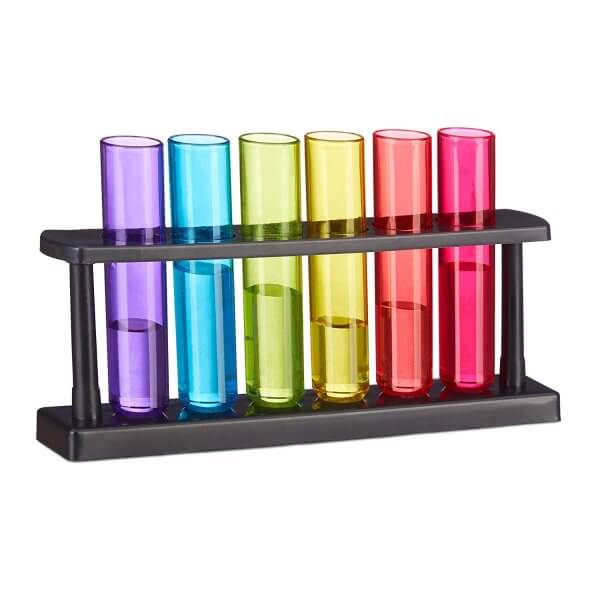 3 6 Bunte Reagenz-Schnapsgläser mit Ständer - Shotgläser im Labor Design - Hohe Shot Becher - Tequila Gläser - Schnaps Becher - Stamperl - Pinneken - Pinnchen - Schott Glas - Gläser Set