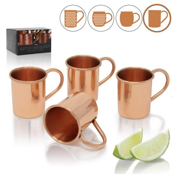 7 4 Moscow Mule glatte hohe Schnapsgläser - Kupfer Becher im edlen Design - Moscow Mule Shot Becher - Tequila Gläser - Schnaps Becher - Stamperl - Pinneken - Pinnchen - Schott Glas - Gläser Set